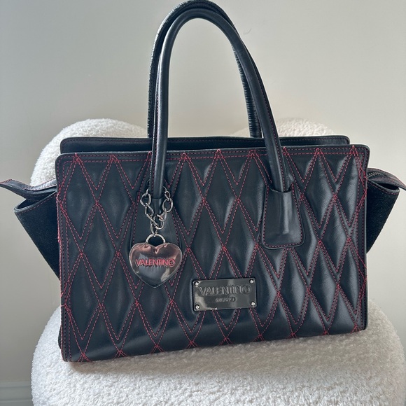 Mario Valentino Black and Red Quilted Satchel
